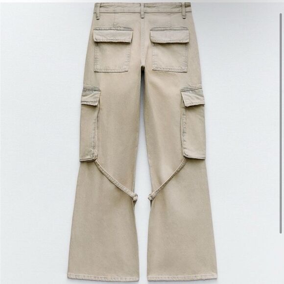NWT Zara TRF Mid Rise Cargo Baggy Loose Fit Light Tan Wide Leg Y2K Denim - Picture 2 of 5